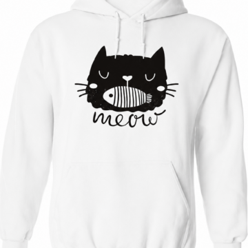 White Relaxed Fit Pullover Hoodie with Cat Face Graphic