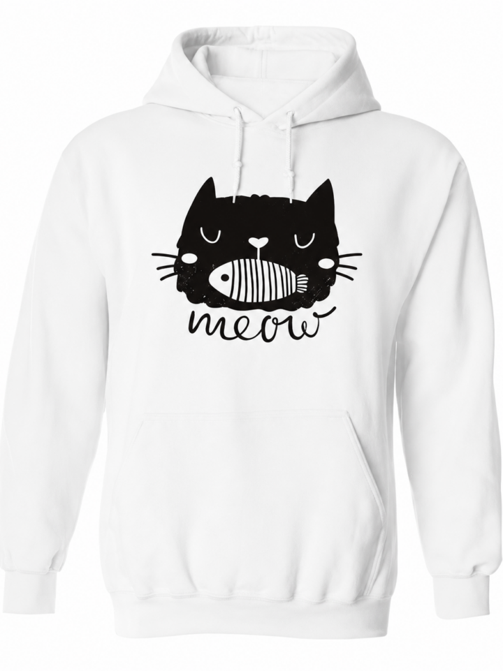 White Relaxed Fit Pullover Hoodie with Cat Face Graphic