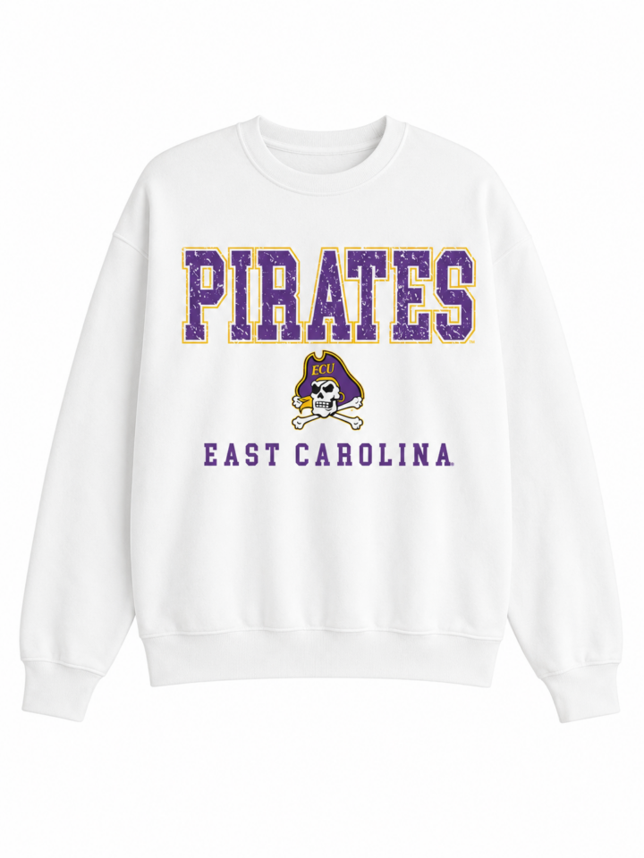White Crewneck Sweatshirt with Varsity 'PIRATES' Graphic