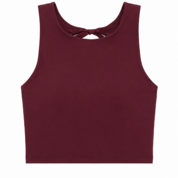 Burgundy Sleeveless Crop Top with Crew Neck and Twist Back
