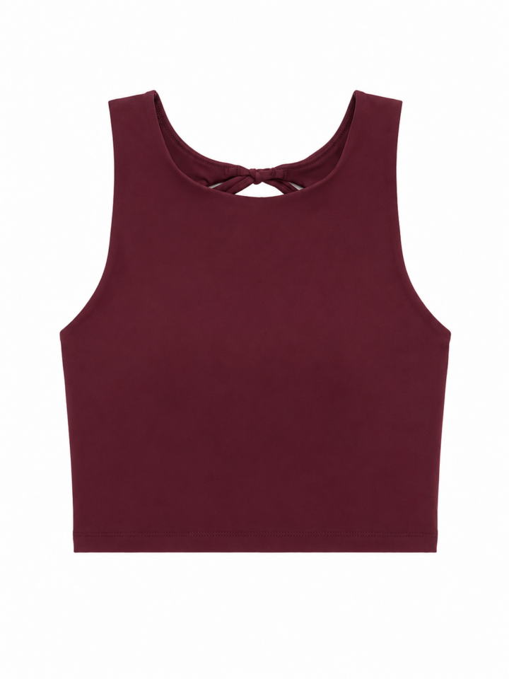 Burgundy Sleeveless Crop Top with Crew Neck and Twist Back