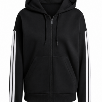 Black Full-Zip Hoodie with Ribbed Cuffs and Sleeve Stripes