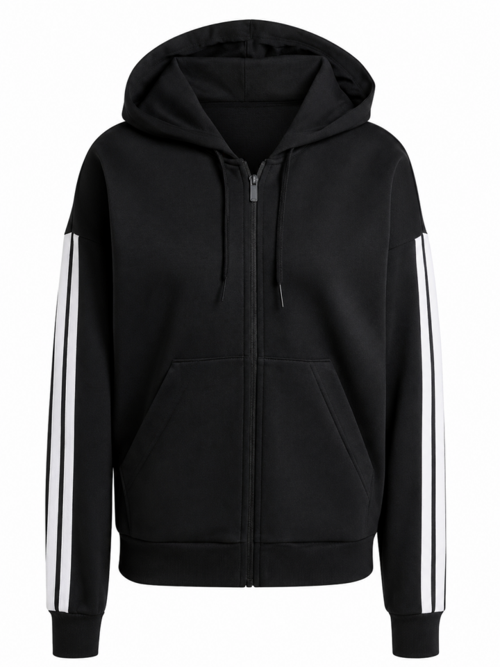 Black Full-Zip Hoodie with Ribbed Cuffs and Sleeve Stripes