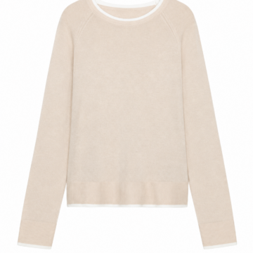 Light Beige Relaxed Fit Crew Neck Raglan Sleeve Knit Sweater with White Trim