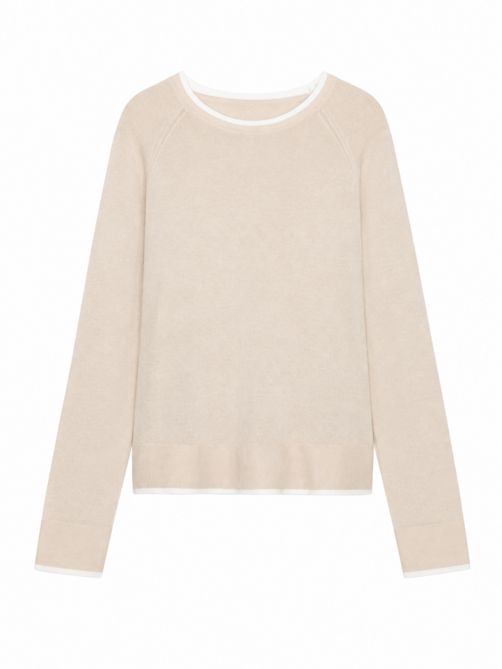 Light Beige Relaxed Fit Crew Neck Raglan Sleeve Knit Sweater with White Trim