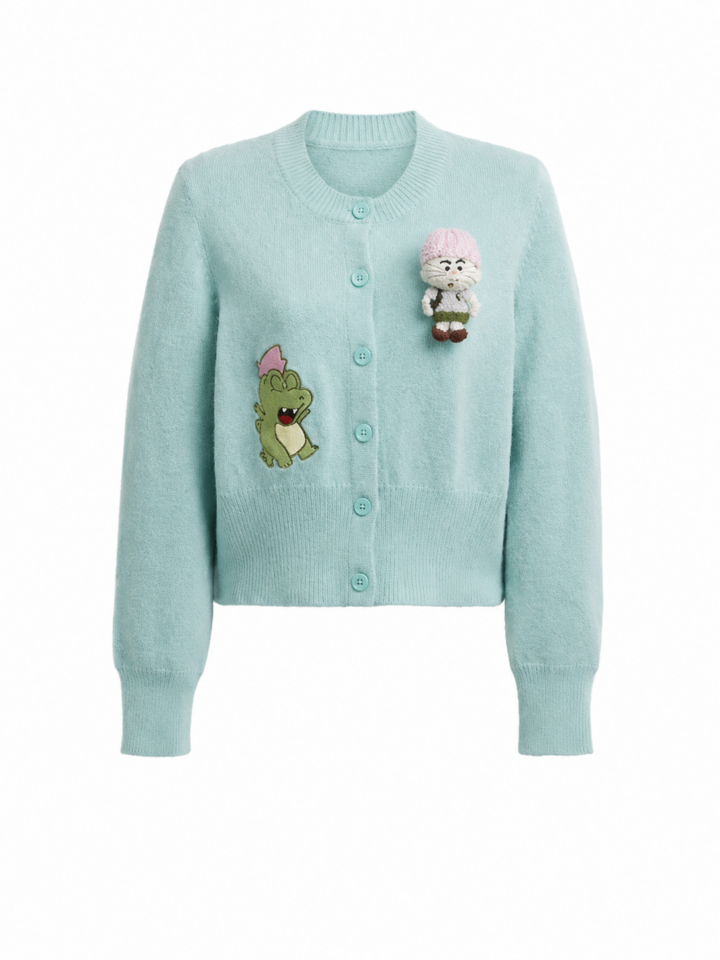 Light Blue Button-Up Knit Cardigan with Playful Appliqués