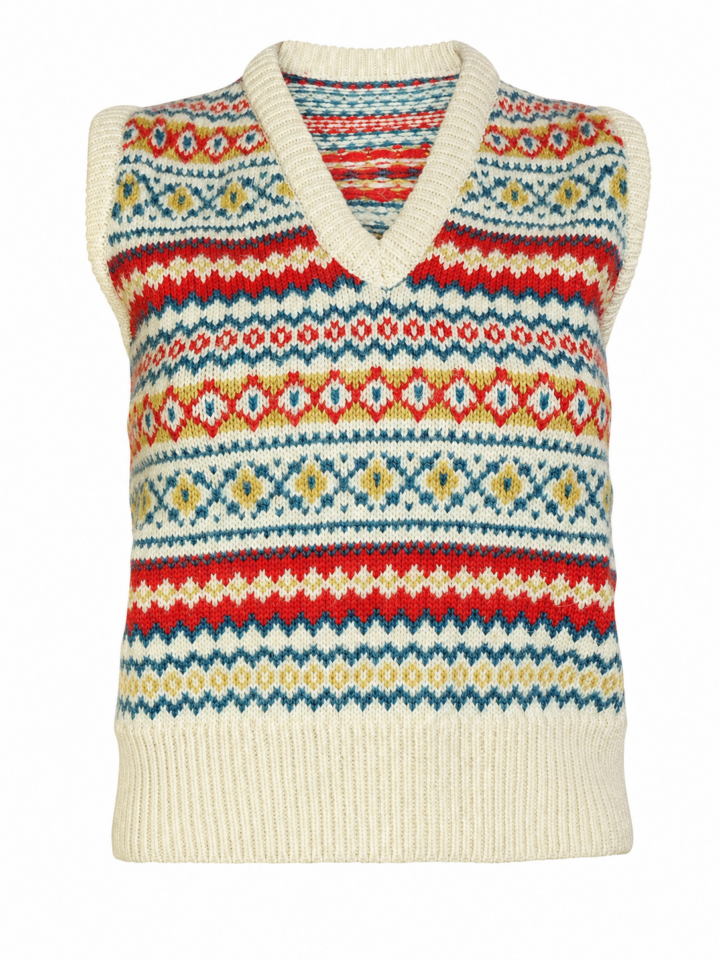 Cream Fair Isle Sleeveless Knit Vest with Multicolor Pattern
