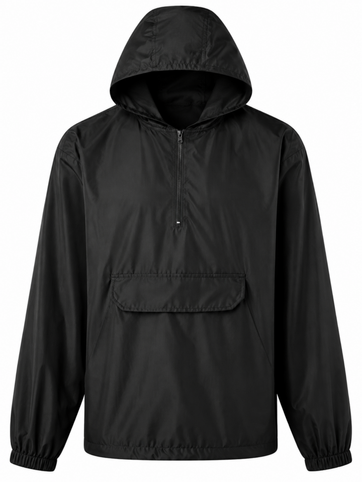 Black Pullover Anorak Hoodie with Half-Zip