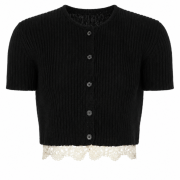 Black Cropped Ribbed Cardigan with Cream Lace Trim