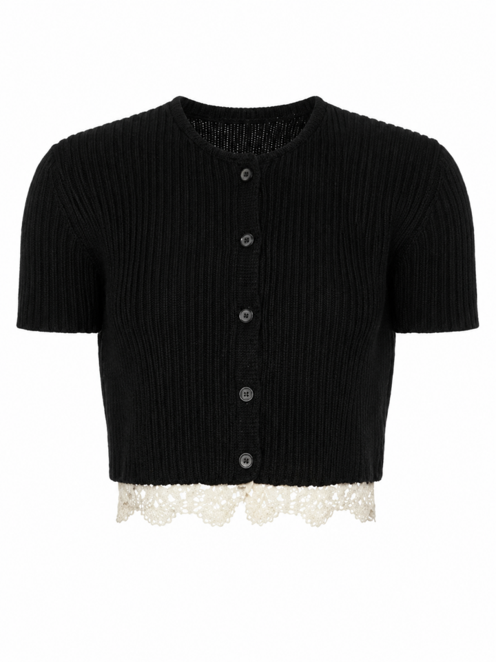 Black Cropped Ribbed Cardigan with Cream Lace Trim