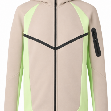 Light Beige Full-Zip Hooded Jacket with Neon Green Panels