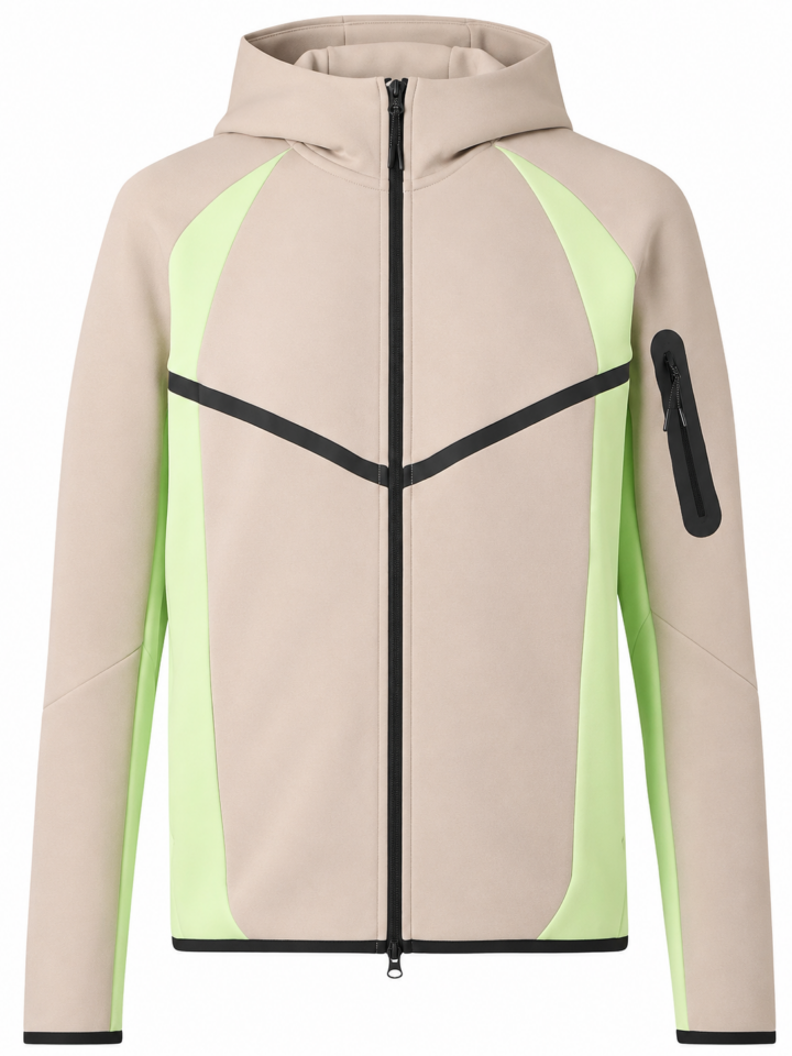 Light Beige Full-Zip Hooded Jacket with Neon Green Panels