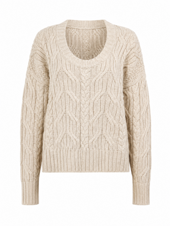 Cream Cable-Knit Sweater with Deep Scoop Neck