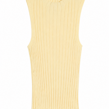 Pale Yellow Ribbed Mock Neck Top with Sleeveless Design