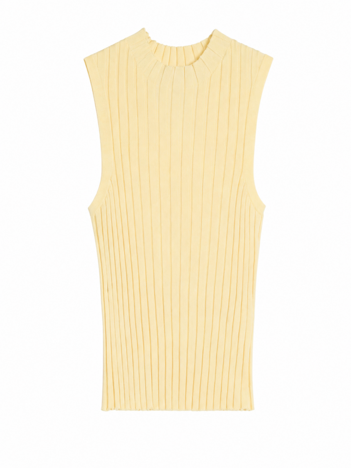 Pale Yellow Ribbed Mock Neck Top with Sleeveless Design