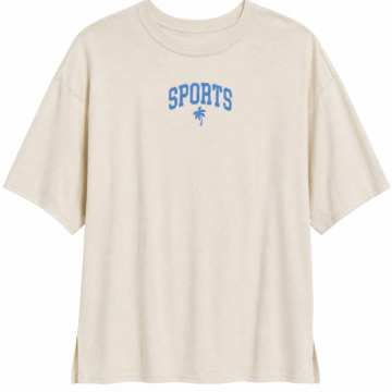 Oversized Heathered Cream T-Shirt with Blue Sports Graphic