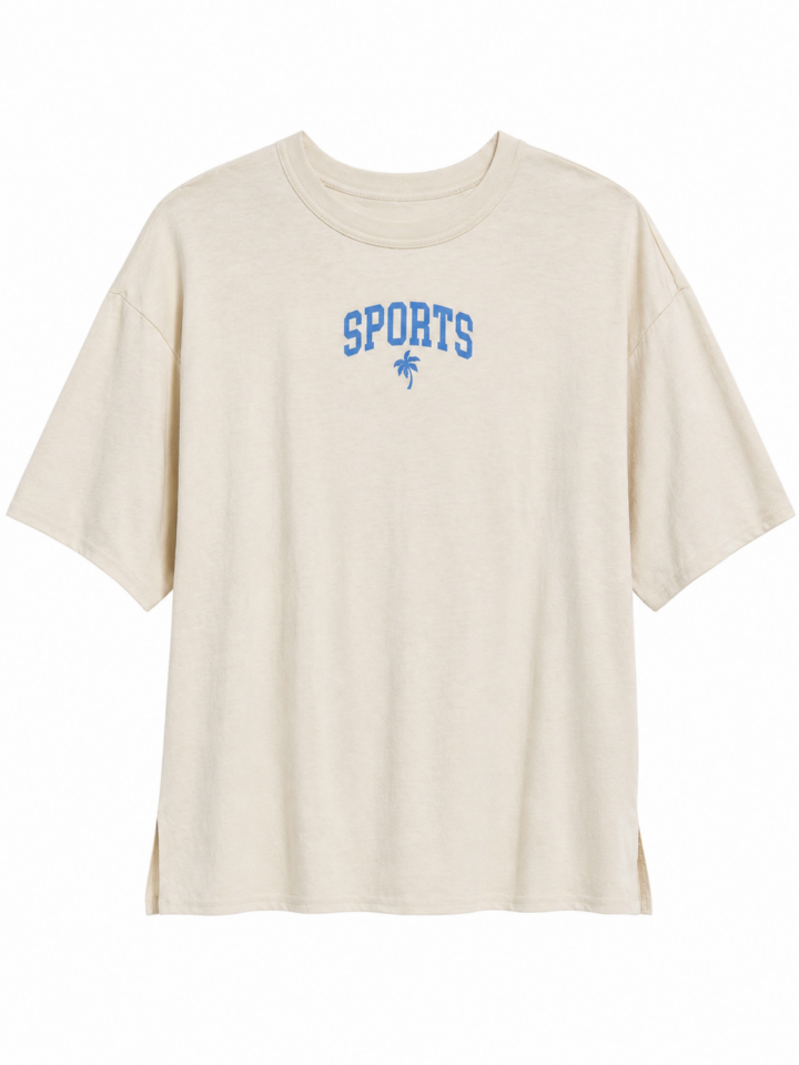 Oversized Heathered Cream T-Shirt with Blue Sports Graphic