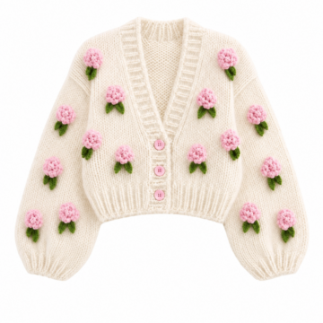Cream Cardigan with 3D Pink Floral Appliqués