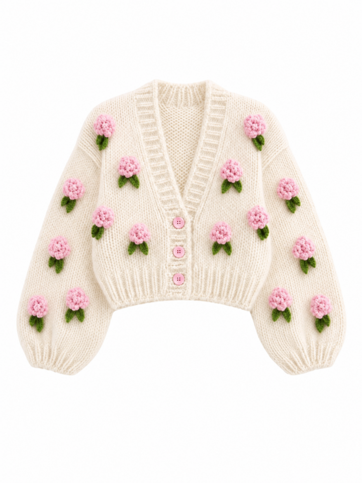 Cream Cardigan with 3D Pink Floral Appliqués