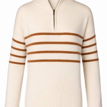 Cream Quarter-Zip Sweater with Rust Brown Stripes