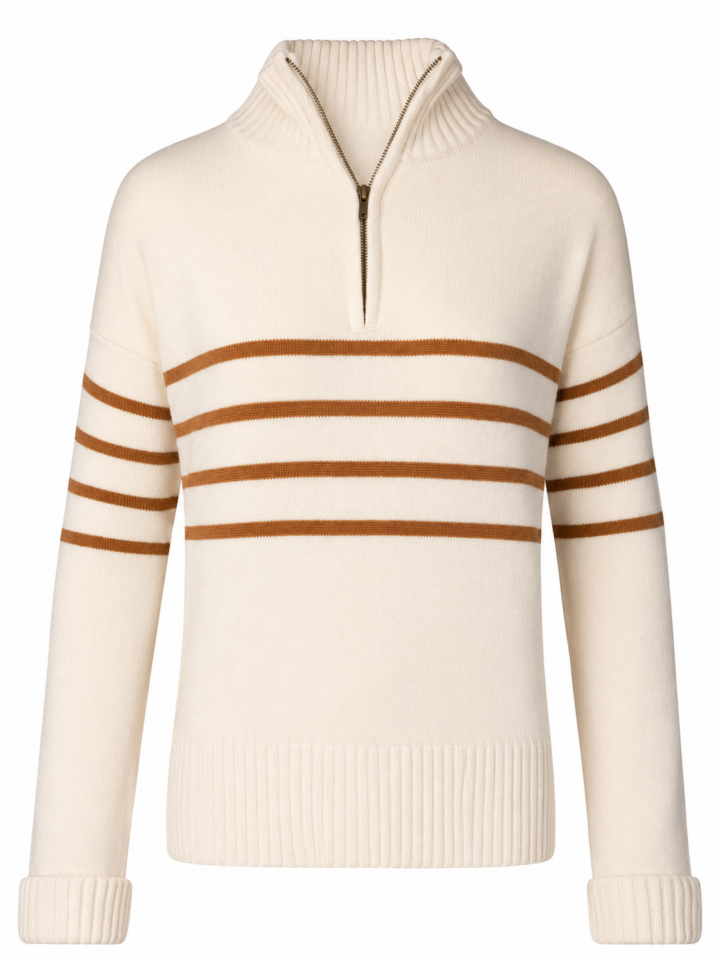 Cream Quarter-Zip Sweater with Rust Brown Stripes