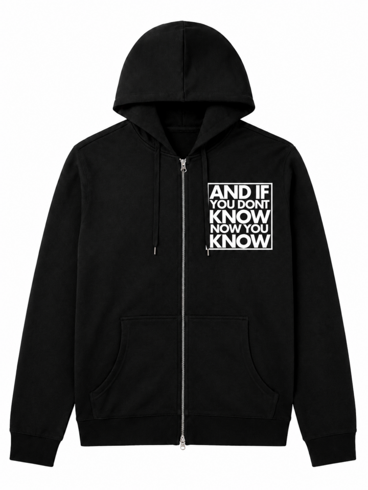 Black Full-Zip Hoodie with Text Graphic