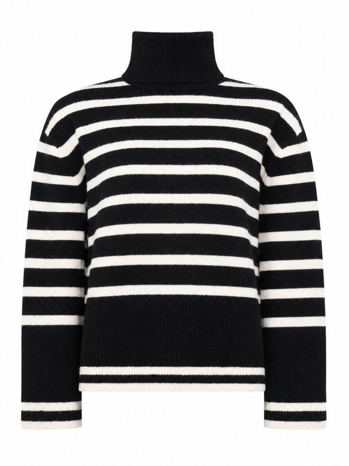 Black and Off-White Striped Knit Turtleneck Sweater