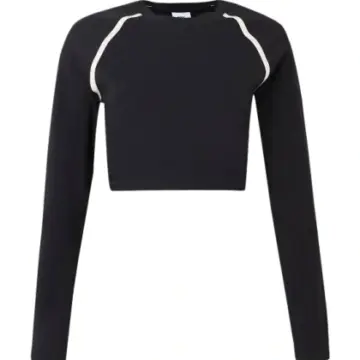 Black High Crew Neck Fitted Long-Sleeve Crop Top
