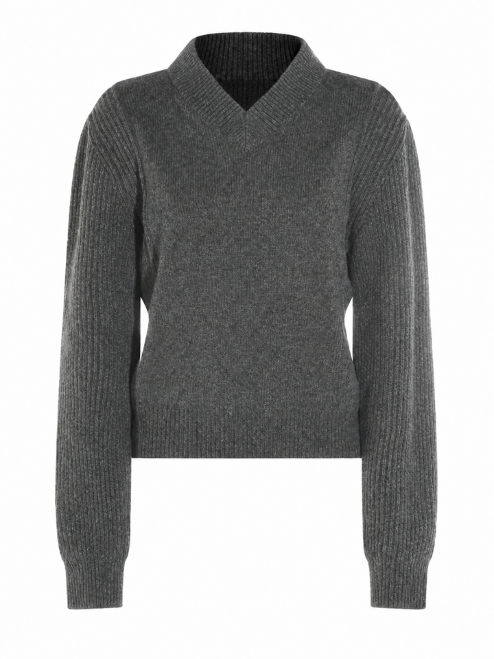 Heather Grey V-Neck Ribbed Knit Sweater