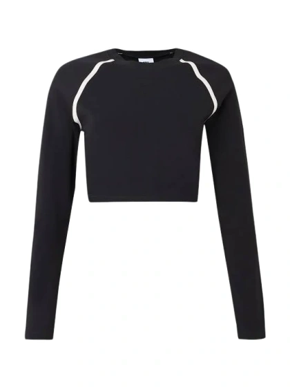 Black High Crew Neck Fitted Long-Sleeve Crop Top