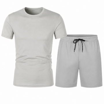 Light Grey Cotton Short-Sleeve T-Shirt and Elastic Waist Shorts Set