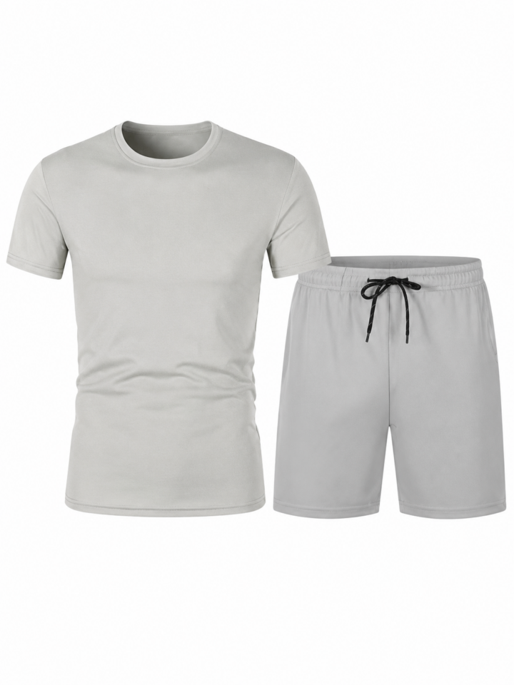 Light Grey Cotton Short-Sleeve T-Shirt and Elastic Waist Shorts Set