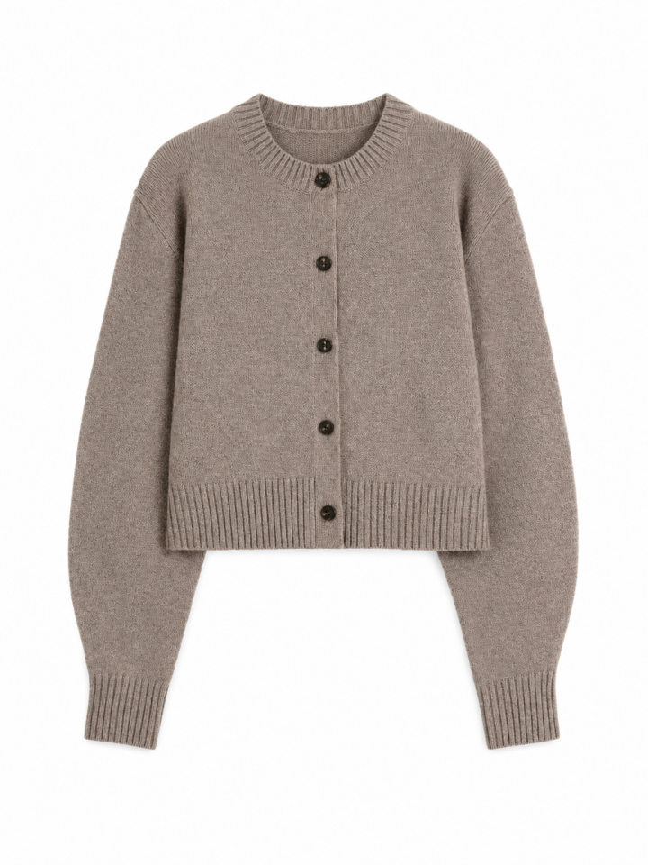 Heather Taupe Regular Fit Ribbed Crew Neck Cardigan with Five Dark Buttons