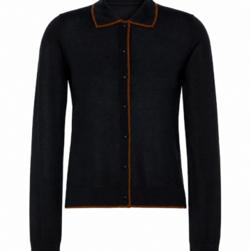 Black Long-Sleeve Knit Cardigan with Polo Collar and Rust Trim