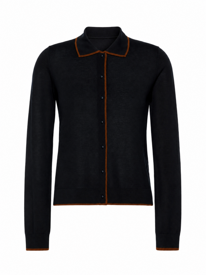 Black Long-Sleeve Knit Cardigan with Polo Collar and Rust Trim