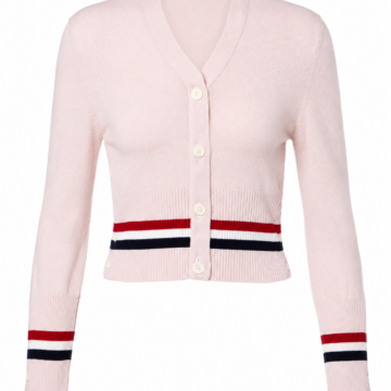 Pale Pink Cropped Slim-Fit V-Neck Cardigan with Red White Navy Striped Cuffs and Hem