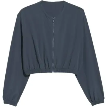 Dark Blue-Grey Cropped Zip-Up Jacket with Elastic Hem
