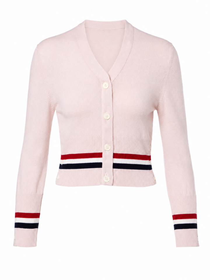 Pale Pink Cropped Slim-Fit V-Neck Cardigan with Red White Navy Striped Cuffs and Hem