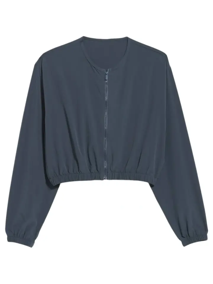Dark Blue-Grey Cropped Zip-Up Jacket with Elastic Hem