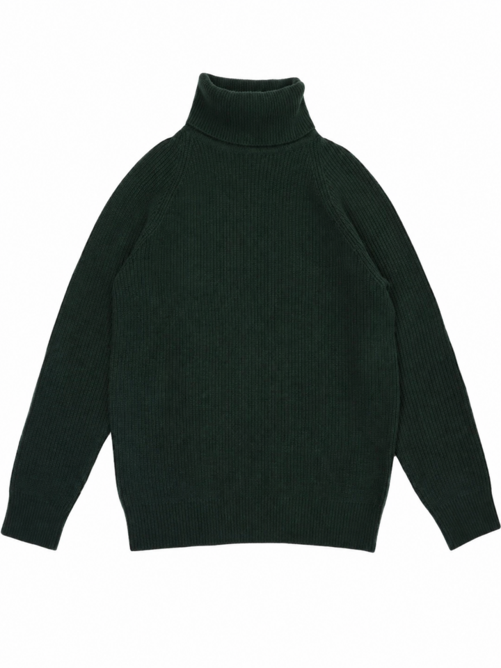 Dark Green Turtleneck Sweater with Chunky Ribbed Texture