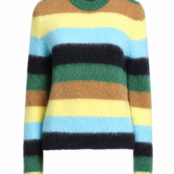 Multicolor Horizontal Stripe Fuzzy Crew Neck Sweater in Green Brown Yellow Blue and Black