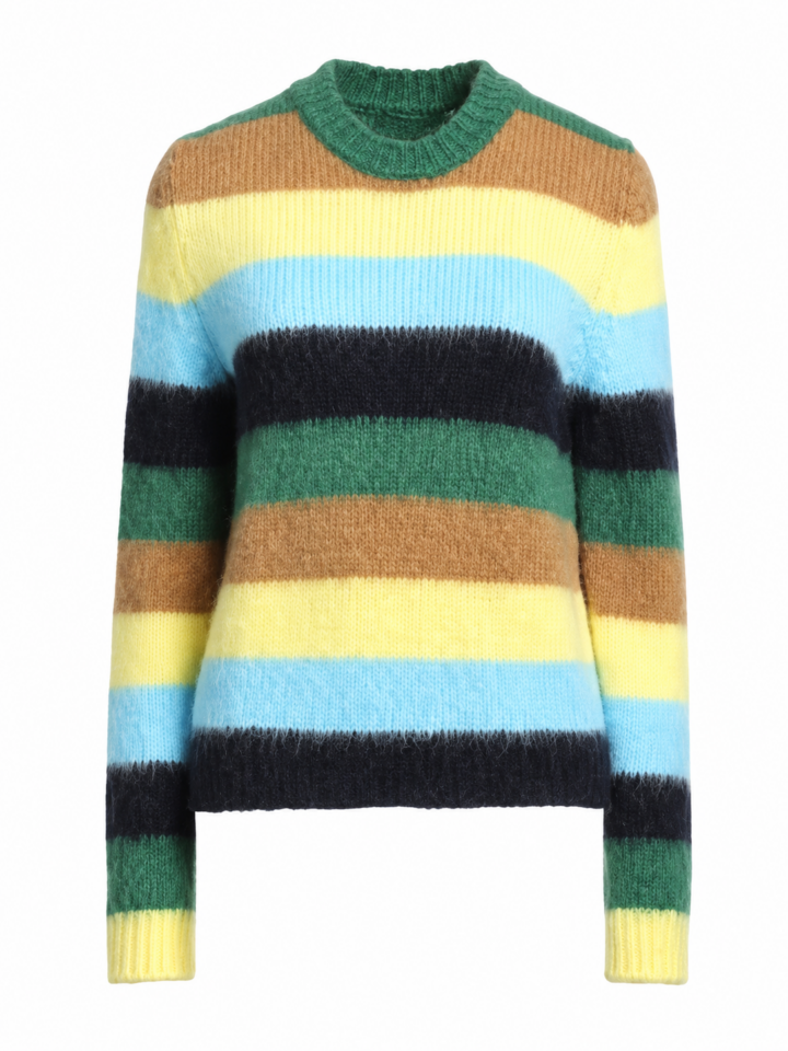 Multicolor Horizontal Stripe Fuzzy Crew Neck Sweater in Green Brown Yellow Blue and Black
