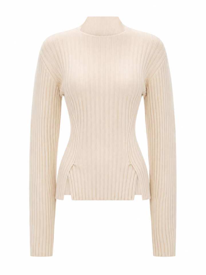 Cream Slim Fit Ribbed Mock Neck Sweater