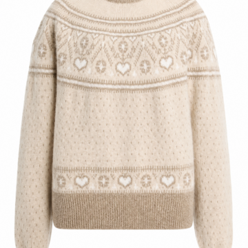 Cream Relaxed-Fit Fair Isle Mock Neck Sweater with Taupe Geometric Heart and Snowflake Motifs