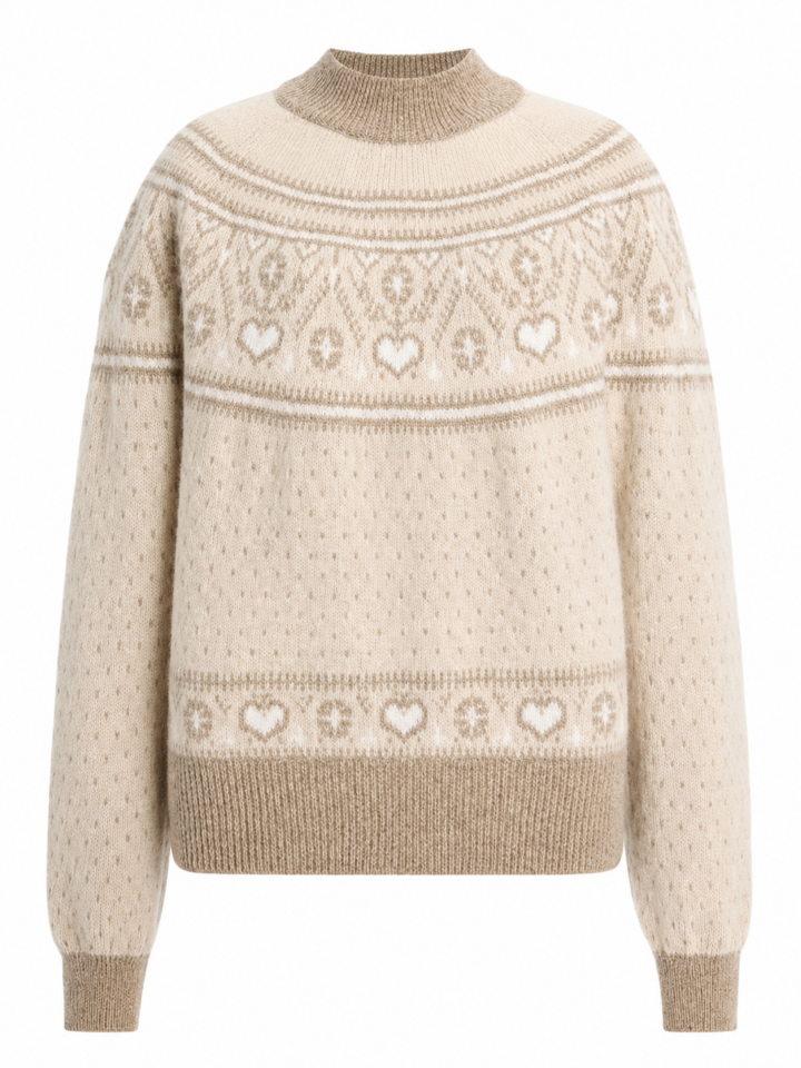 Cream Relaxed-Fit Fair Isle Mock Neck Sweater with Taupe Geometric Heart and Snowflake Motifs