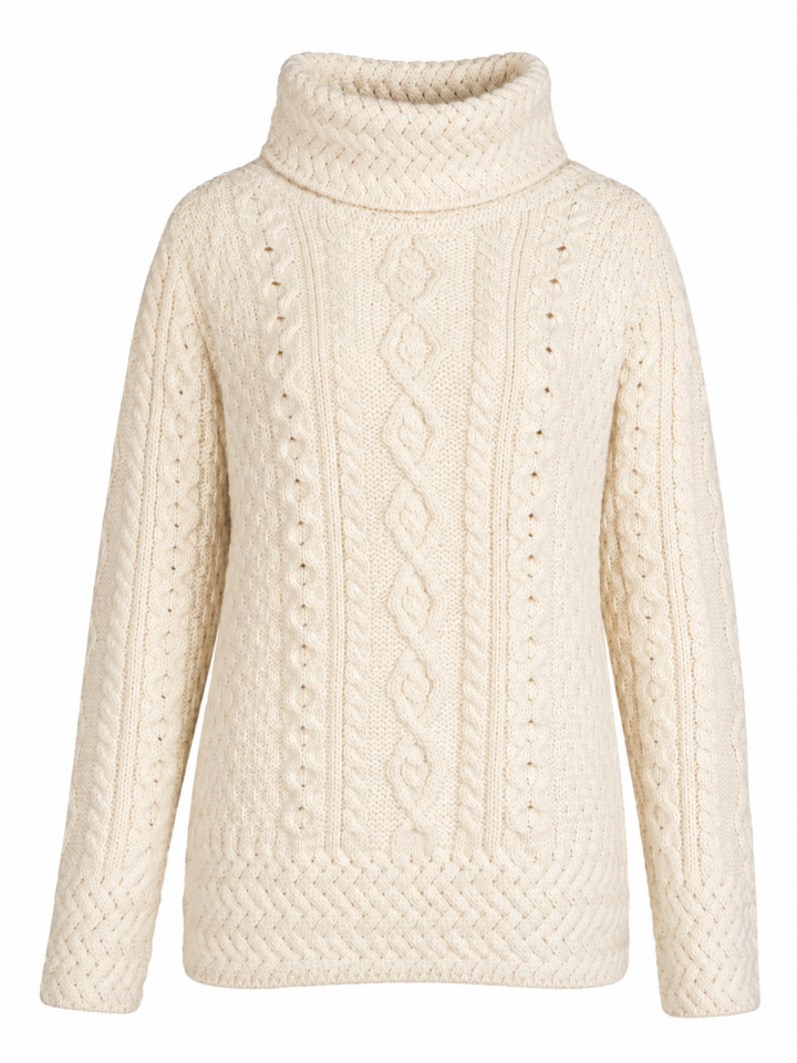 Ivory Cable Knit Turtleneck Sweater with Folded Cowl Neck