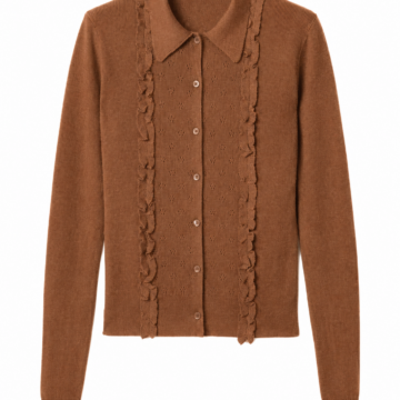 Brown Regular Fit Pointelle Cardigan with Pointed Collar and Vertical Ruffled Trims