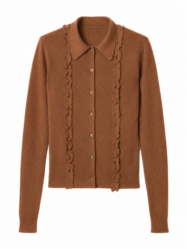 Brown Regular Fit Pointelle Cardigan with Pointed Collar and Vertical Ruffled Trims