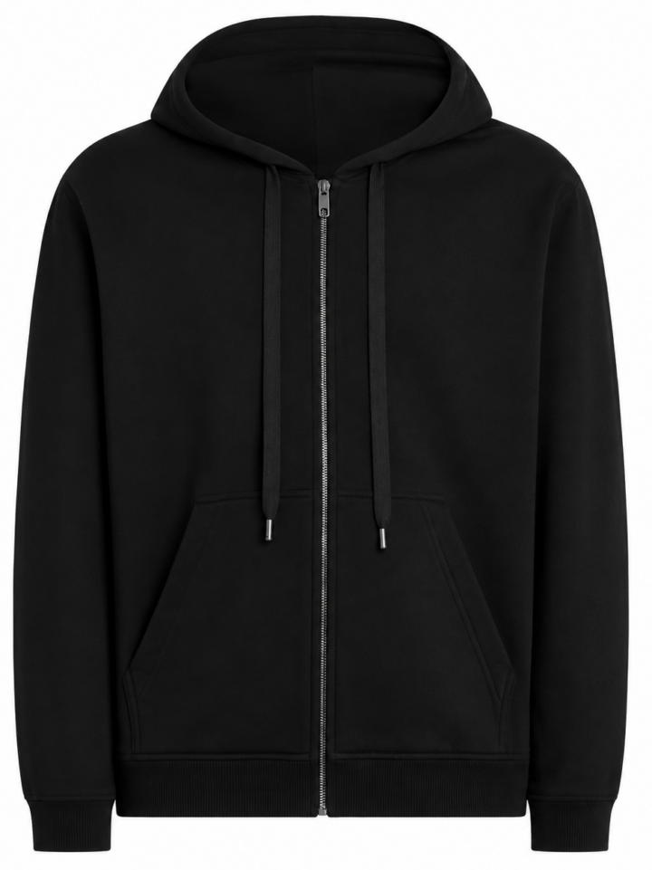 Black Full-Zip Hoodie with Relaxed Fit and Silver Zipper