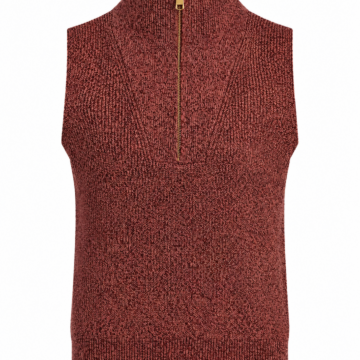 Deep Maroon Sleeveless Knit Top with Mock Neck and Quarter-Zip